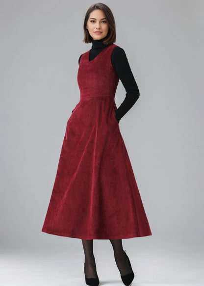 Red Long Corduroy dress, Womens Sleeveless Corduroy dress C5153