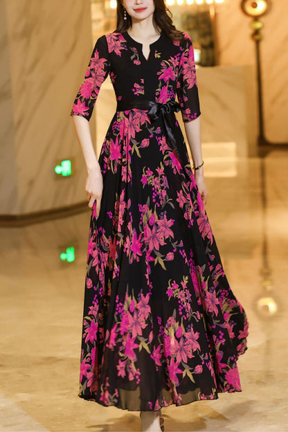 Summer black chiffon floral dress C4106