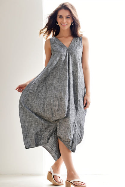Grey Loose-Fitting V neck Linen Dress C257