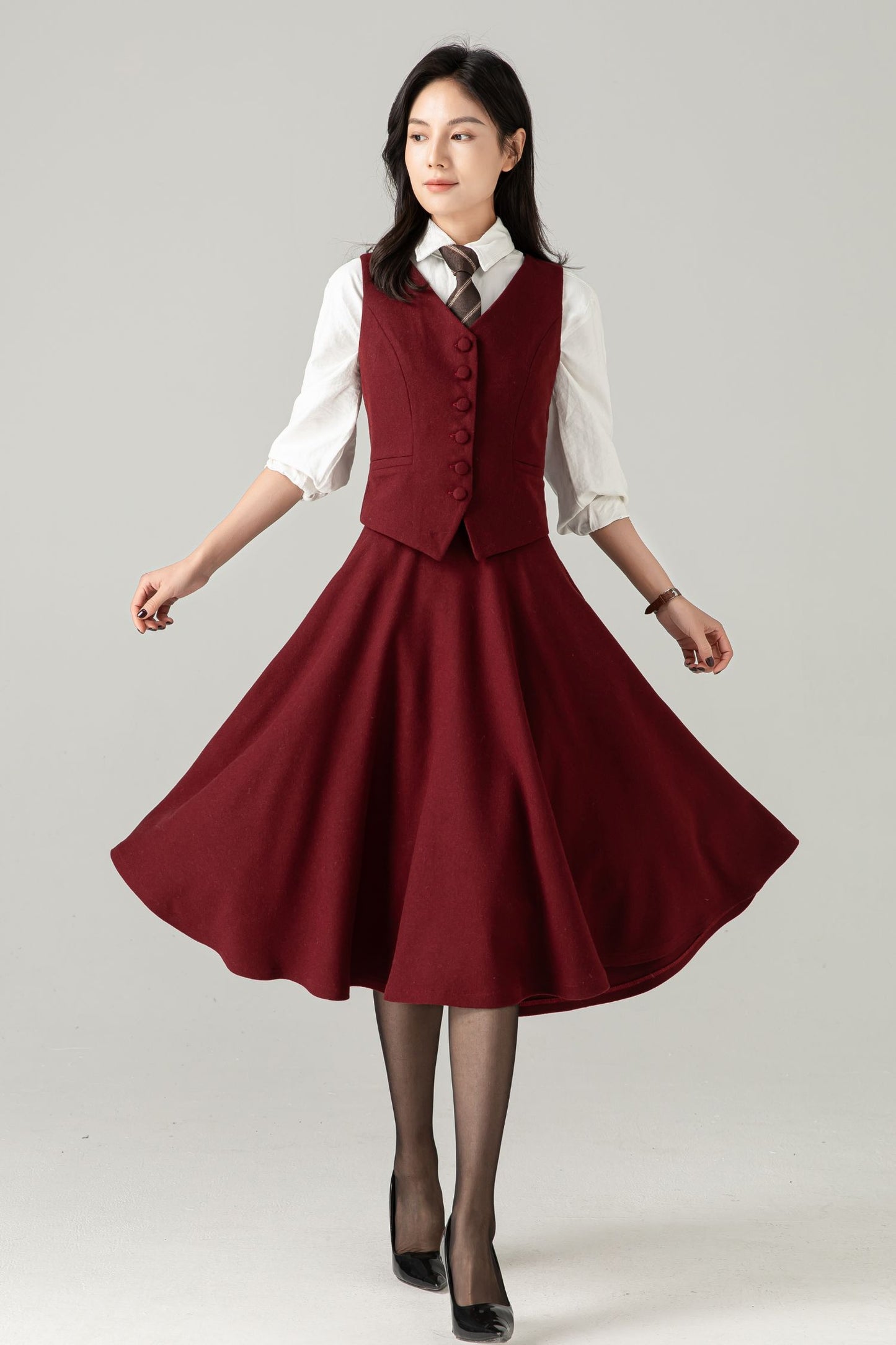 Burgundy Wool Blend Waistcoat: Vintage-Inspired Vest with Adjustable Back Tab, Ylistyle C5370