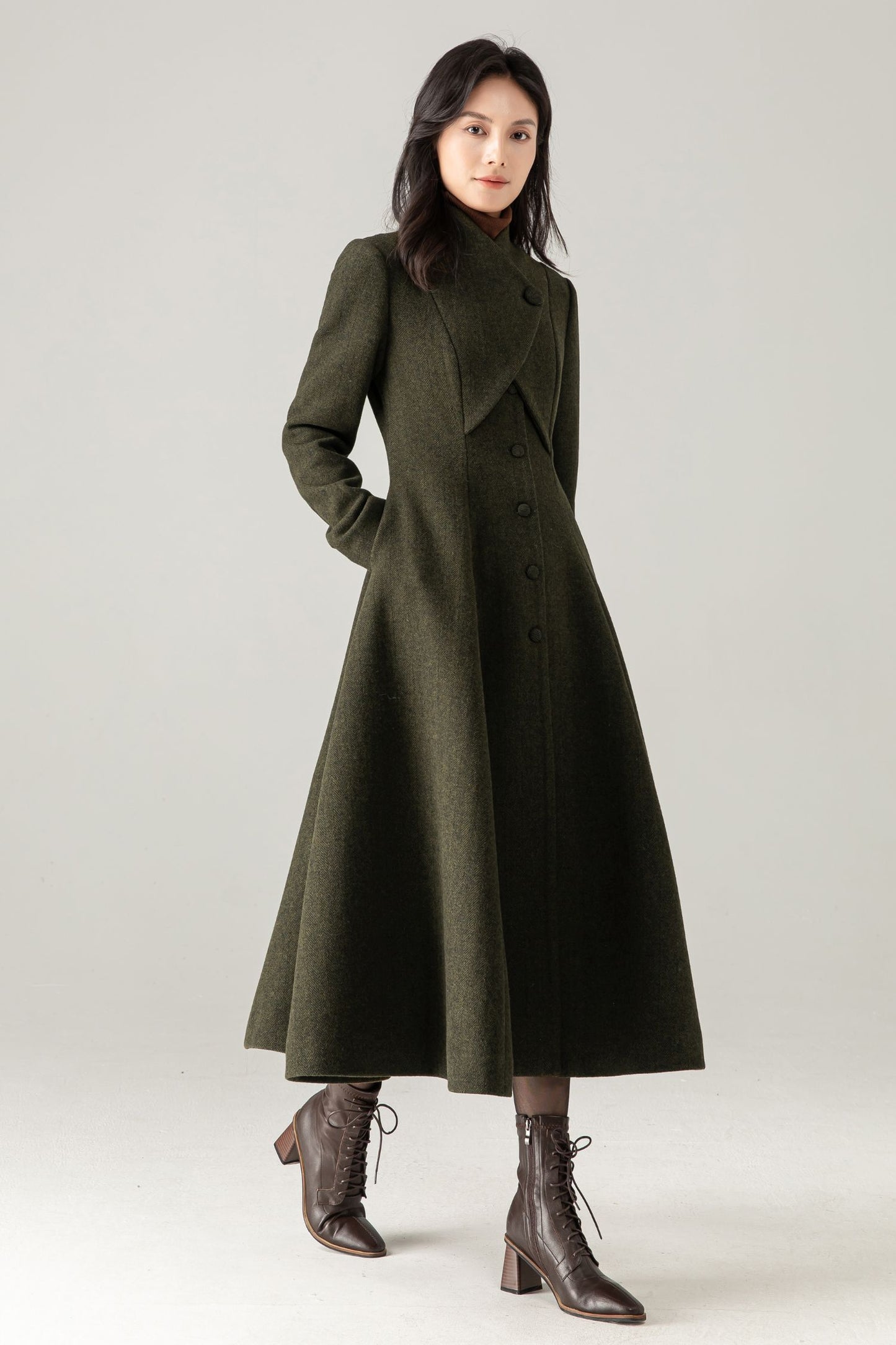 Olive Green Wool Blend Maxi Coat - Fit and Flare with Asymmetric Collar 5373