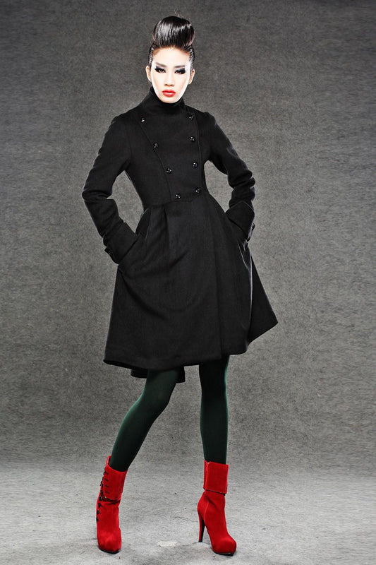 Asymmetrical black winter wool coat C039