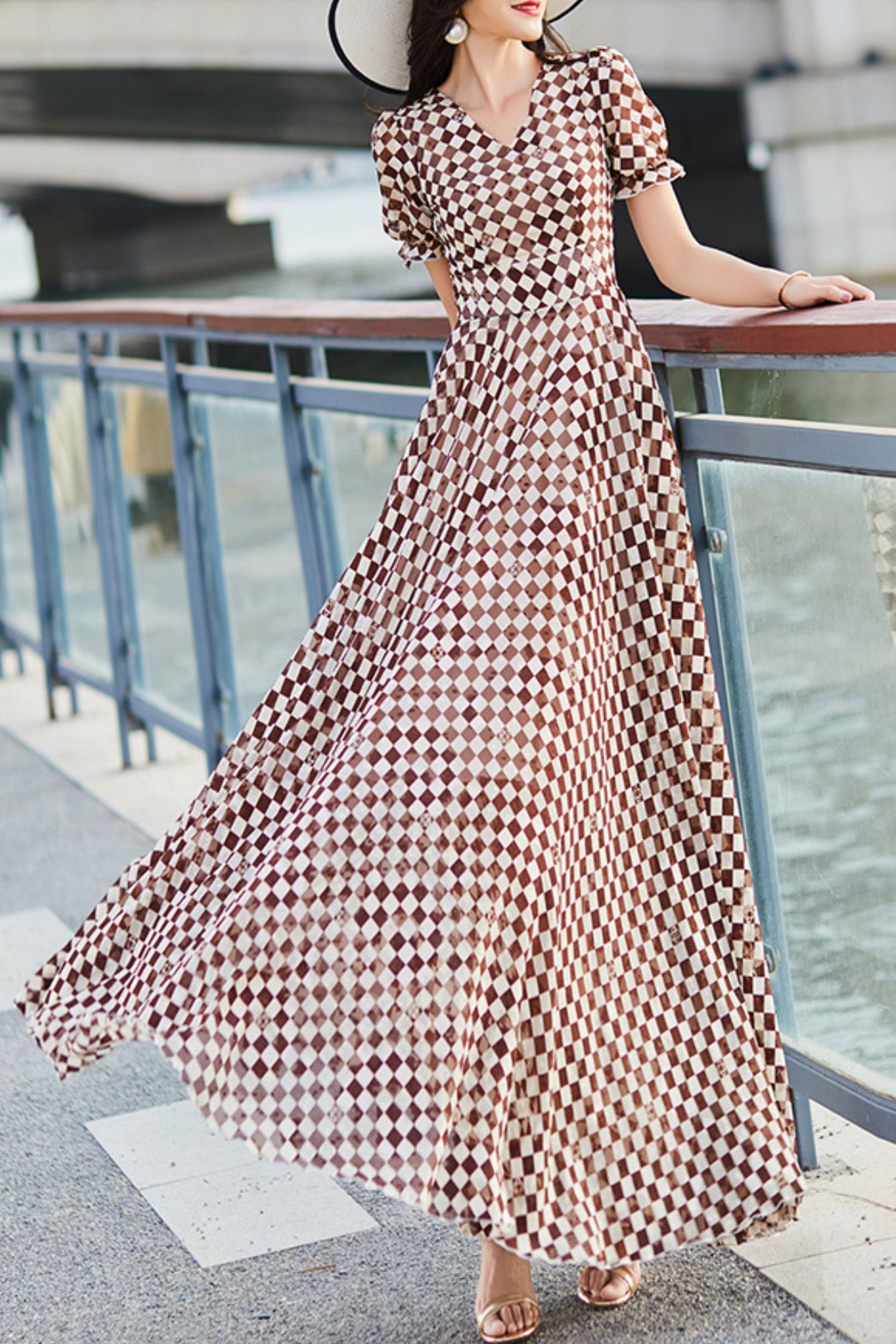 Plaid chiffon print dress women C4099