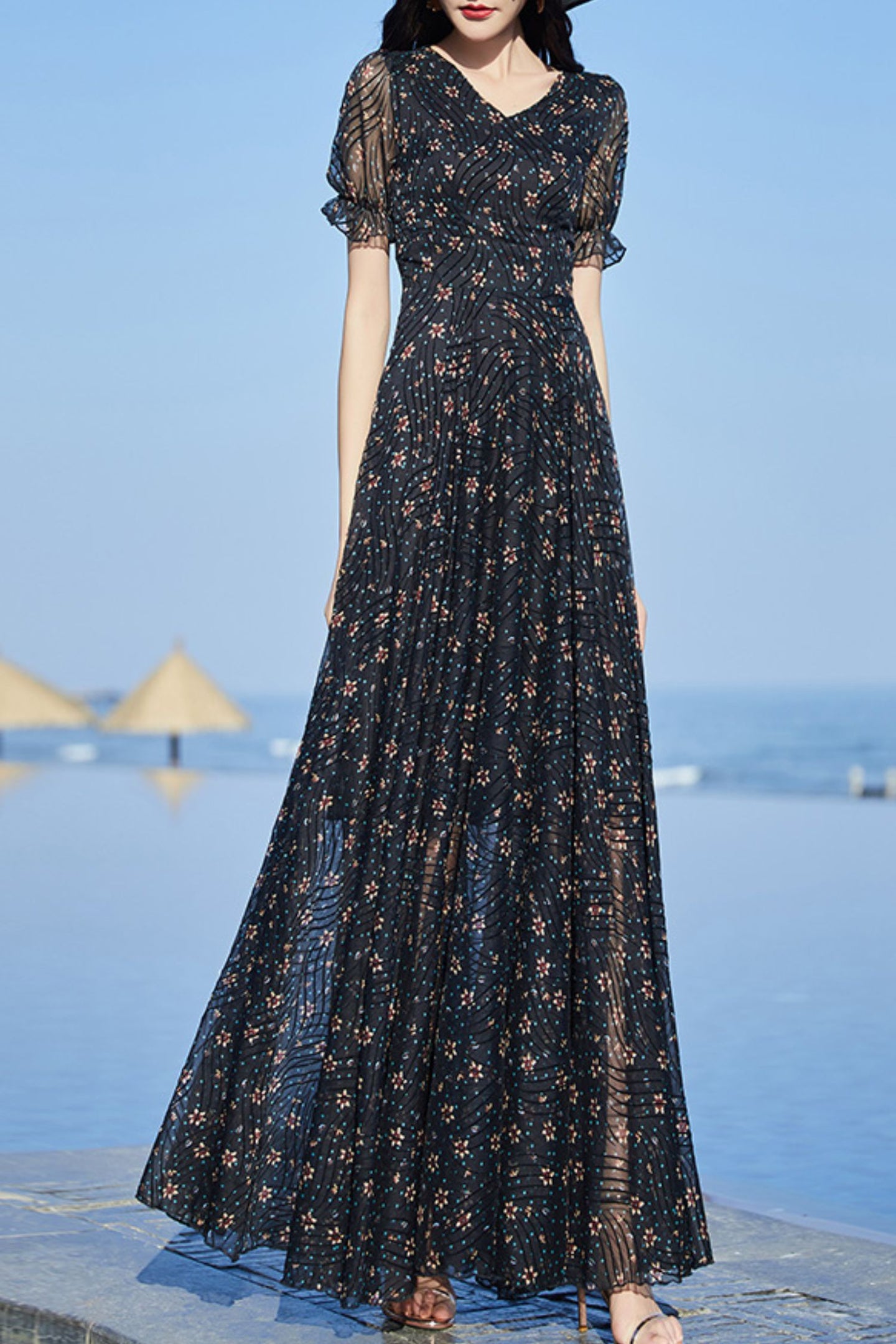 Black floral chiffon V-neck dress C4084