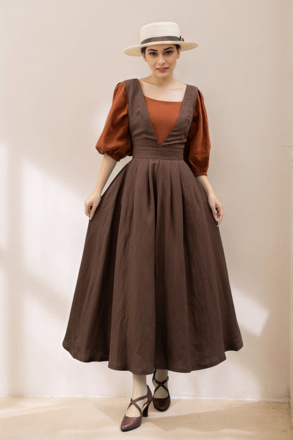 Long Linen pinafore dress C5366