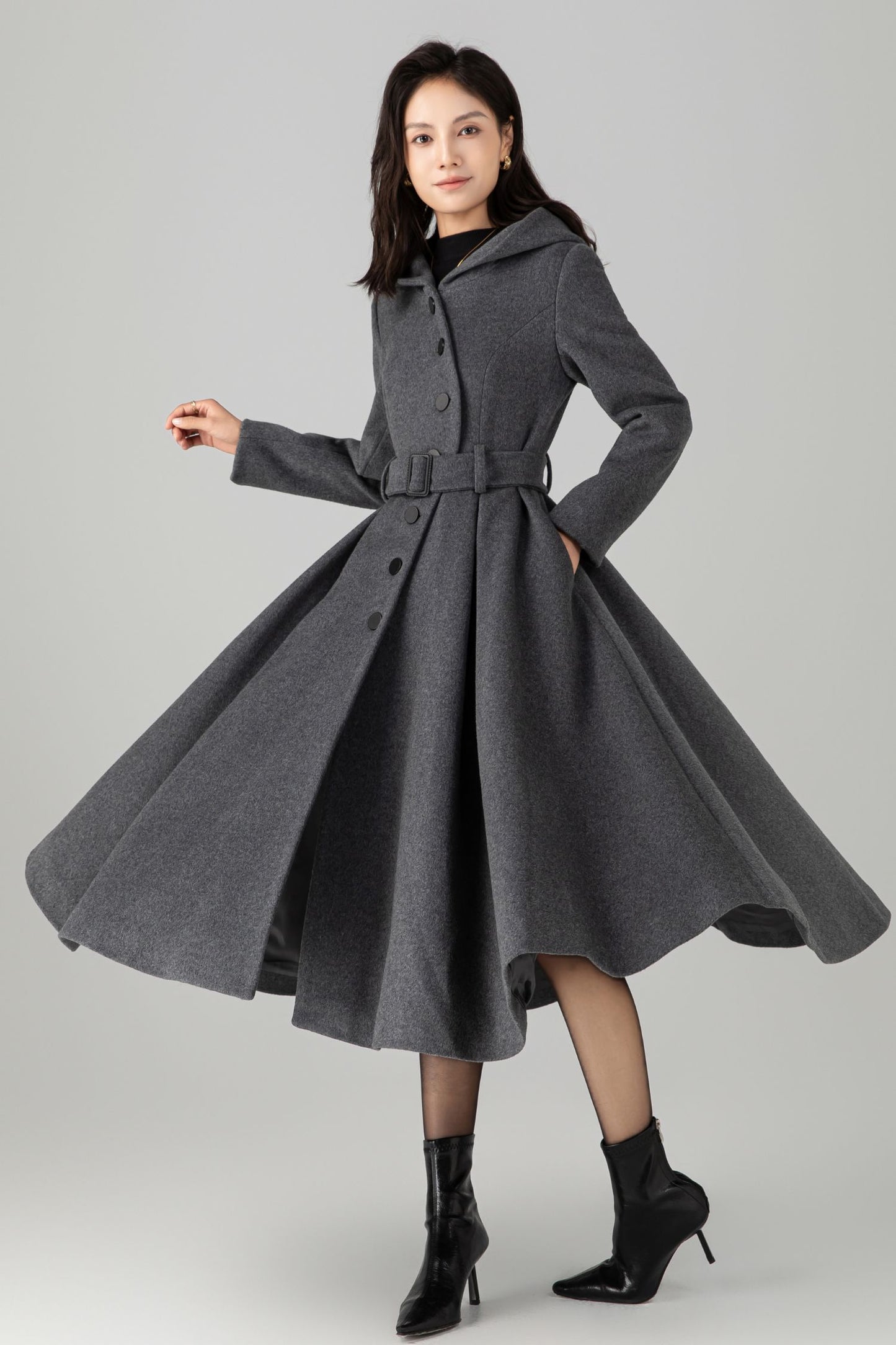 Swing gray long hooded wool coat C5269