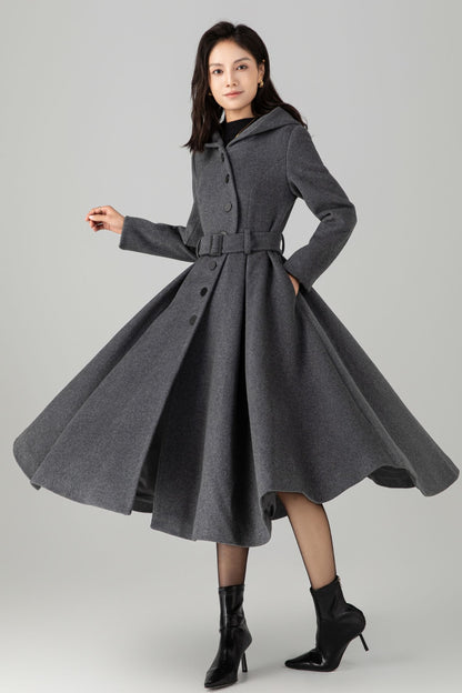 Swing gray long hooded wool coat C5269