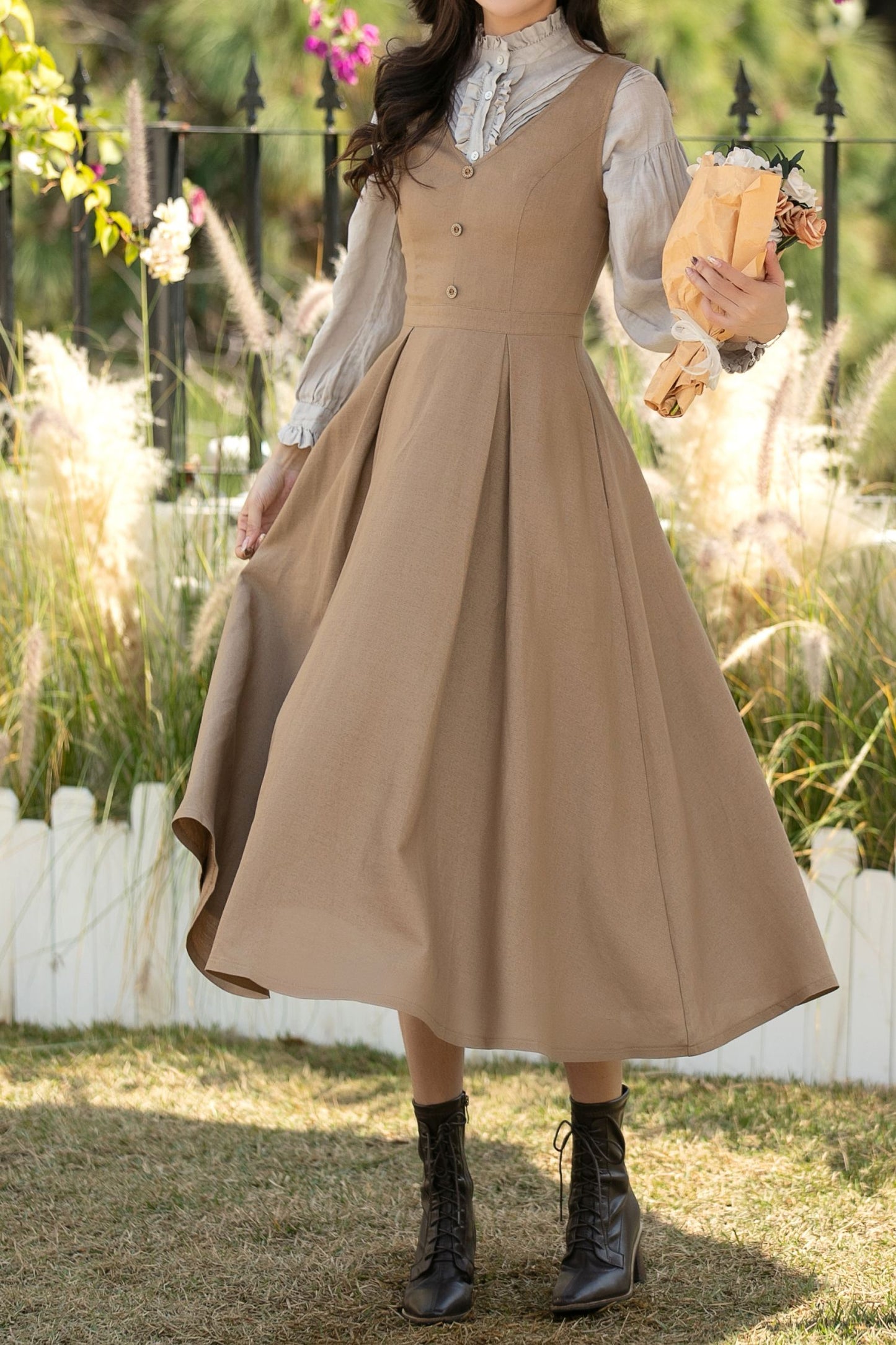 Khaki Linen Pinafore Midi Dress: Sleeveless A-Line Dress with Pockets, Ylistyle C5437