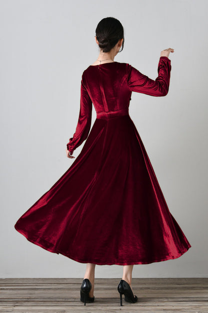 Elegant Burgundy Velvet Long Dress C4699