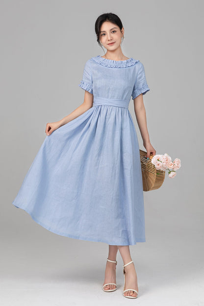 Light Blue Linen Midi Dress - Ruffle Neckline, Fit-and-Flare Silhouette c5518