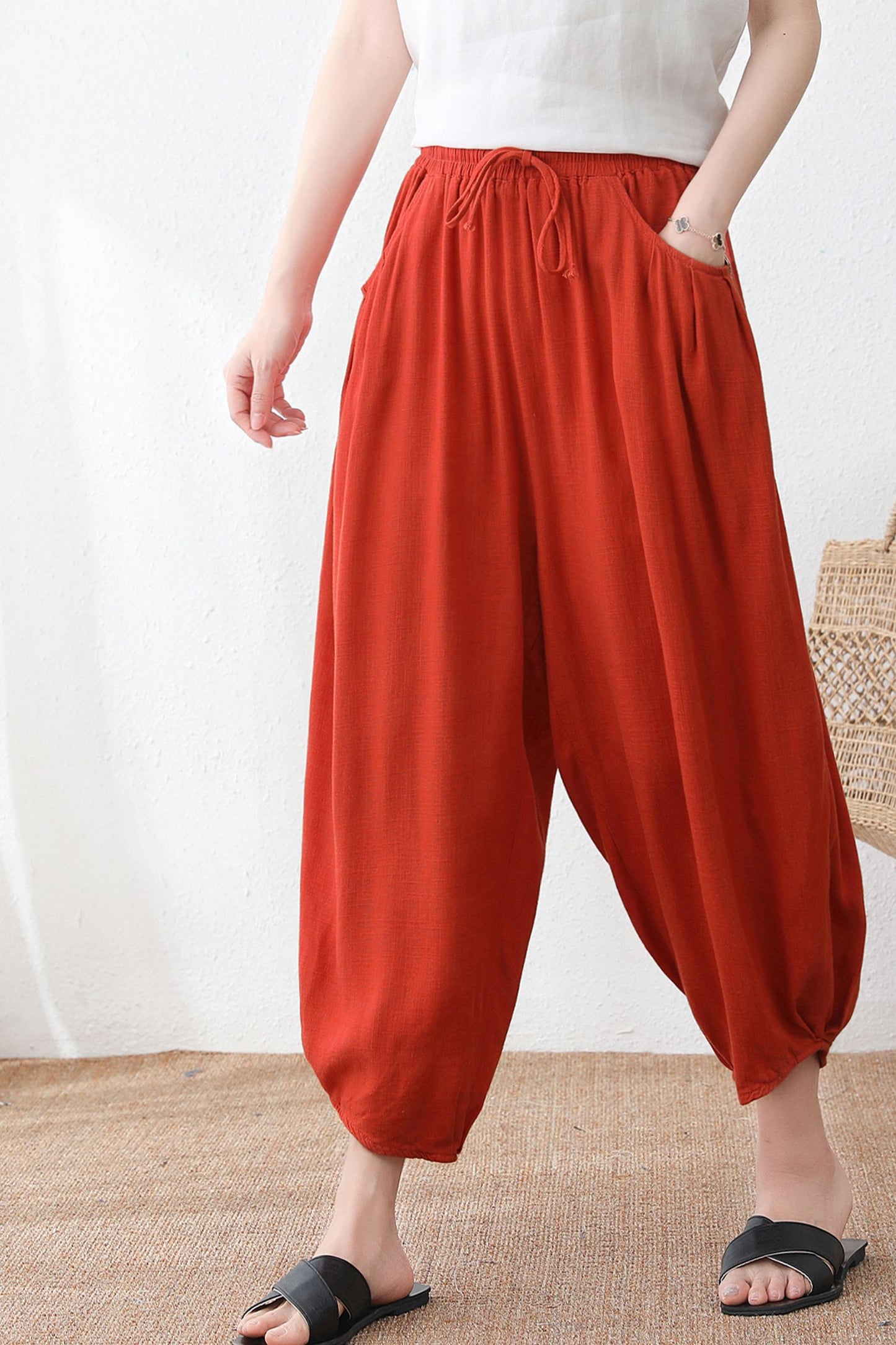 Orange Linen elastic waist drawstring pants C2332