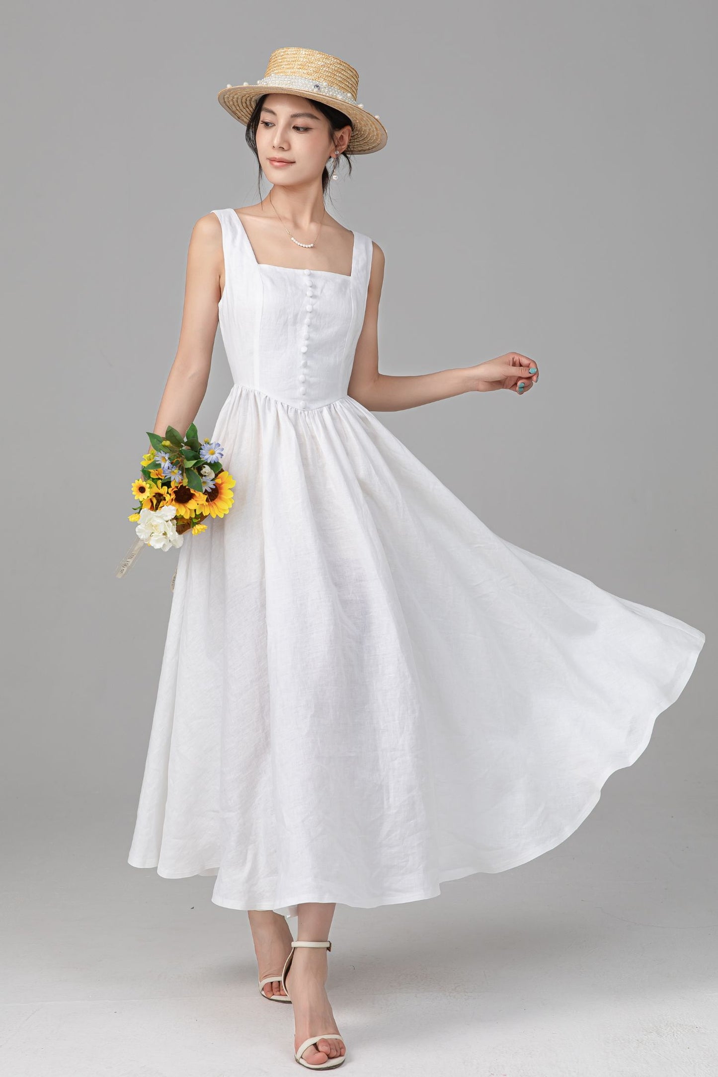 White Linen Maxi Dress - Square Neck Button Front, Pleated Waist C5526
