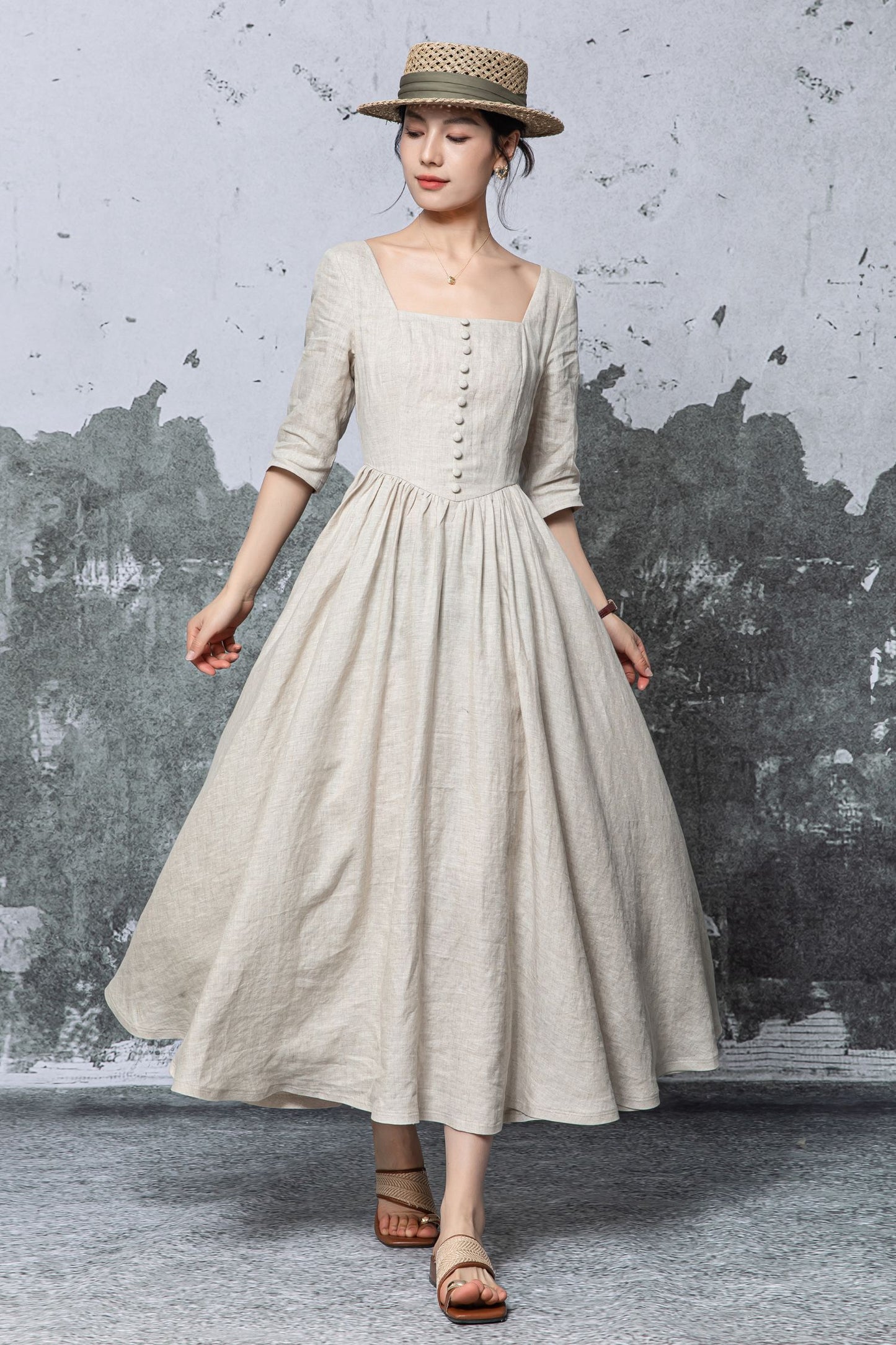Beige Linen Maxi Dress - Square Neck, Empire Waist c5470
