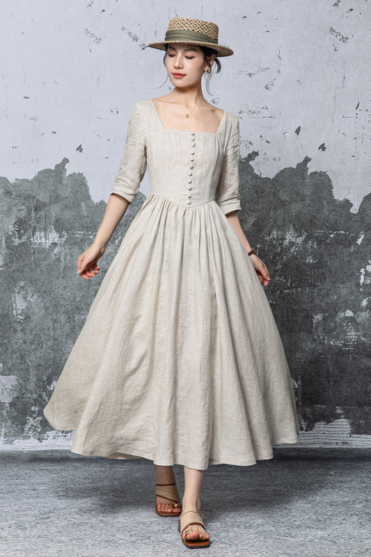 Light Beige Linen Maxi Dress: Square Neck Empire Waist Dress, Ylistyle C5470