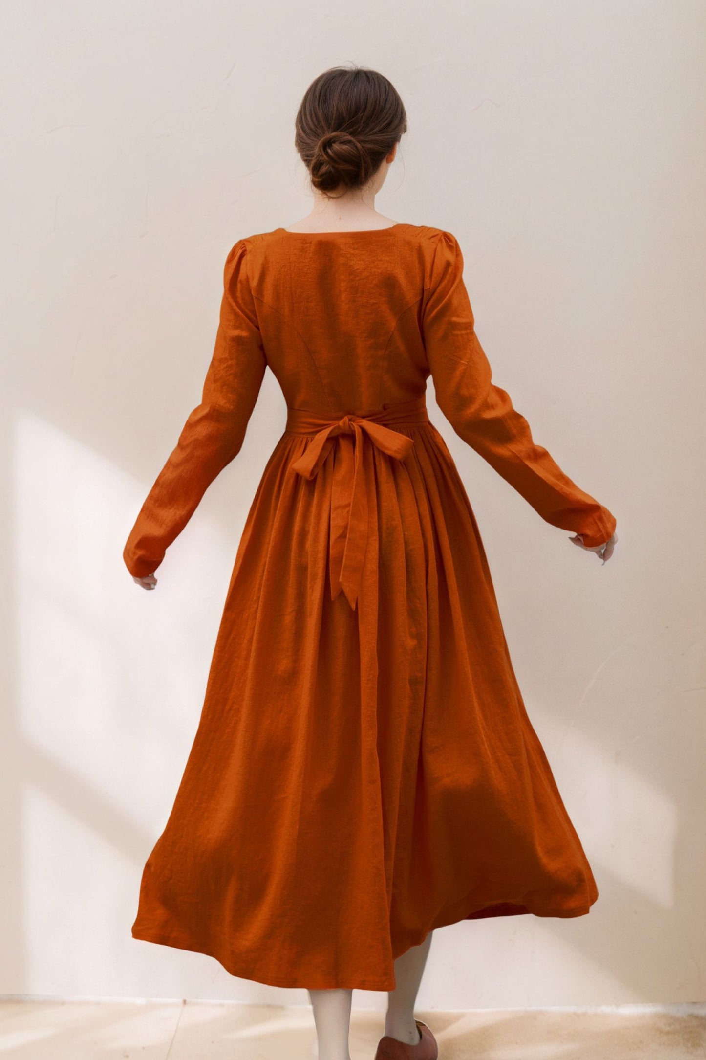 Long Sleeve Orange Linen Dress for Women C5364
