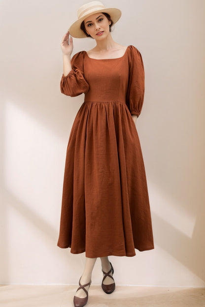 Puffy Sleeve womens long Linen Dress C5360