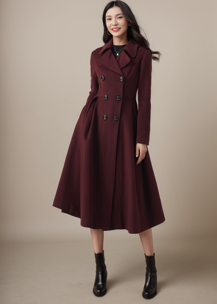 Long Swing Princess Burgundy Wool Coat C4411