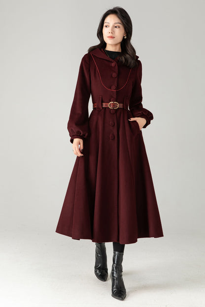 Burgundy Wool Blend Hooded Coat: Retro Belted A-Line Long Winter Coat C5343