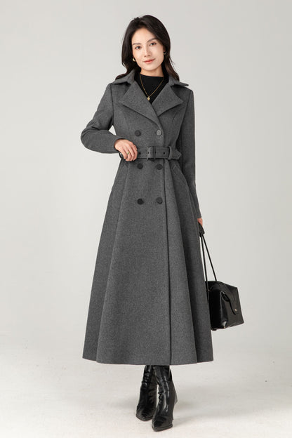 Double breasted long gray winter warm wool coat C5345
