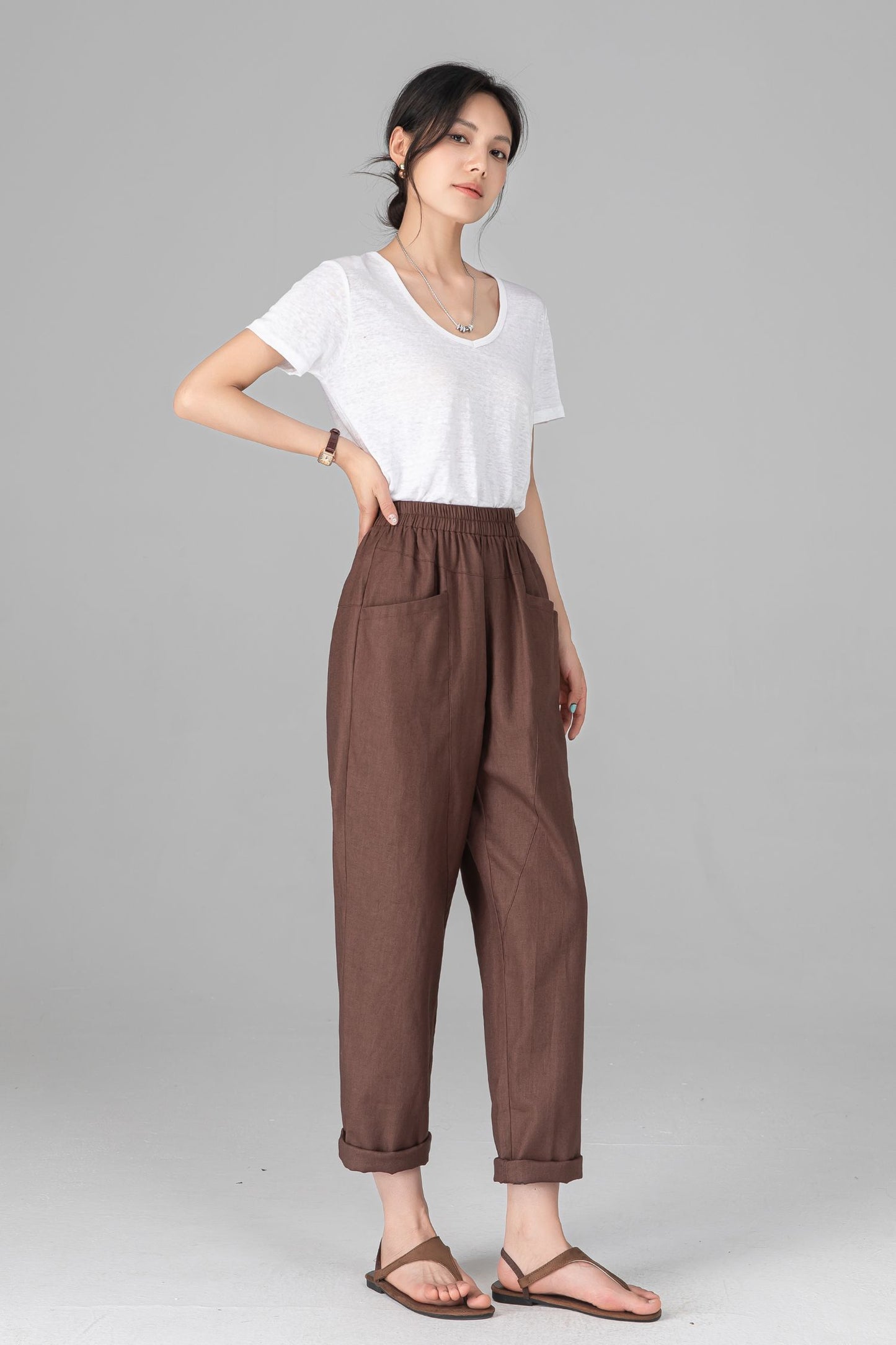 Brown Linen Cotton Harem Pants - Elastic Waist Relaxed Casual Trousers C5523