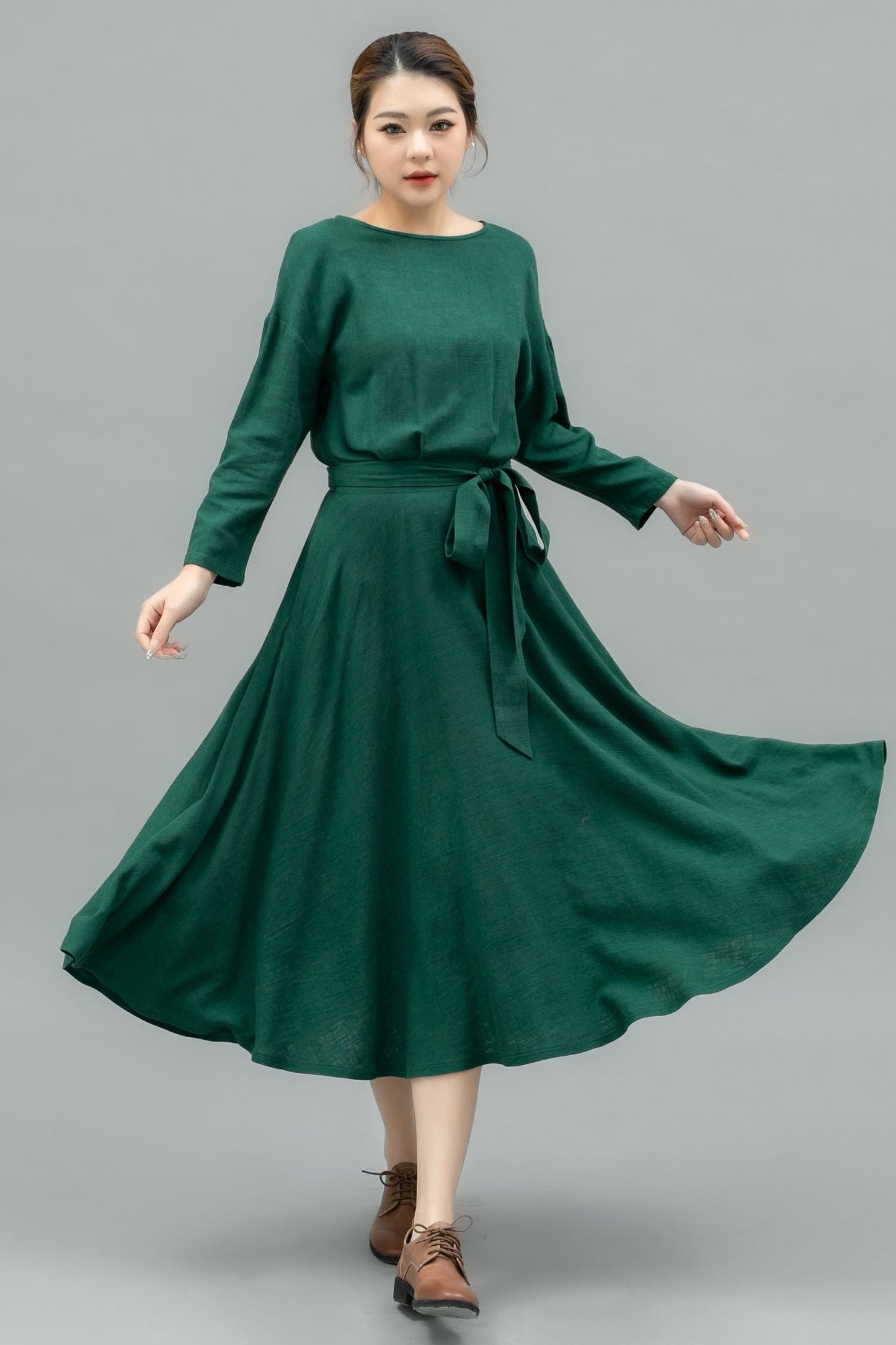 Women's Spring Burgundy Linen belted Dress C4104