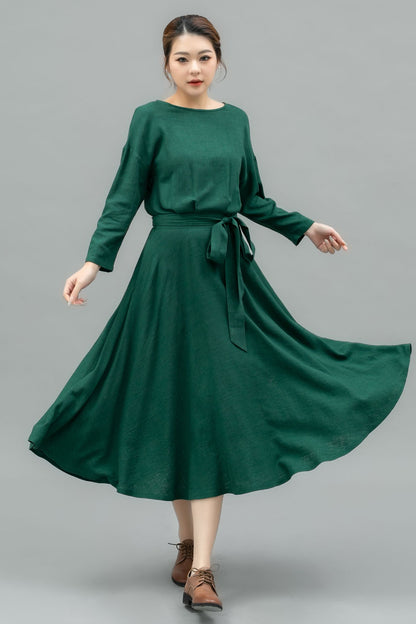 Women's Spring Burgundy Linen belted Dress C4104