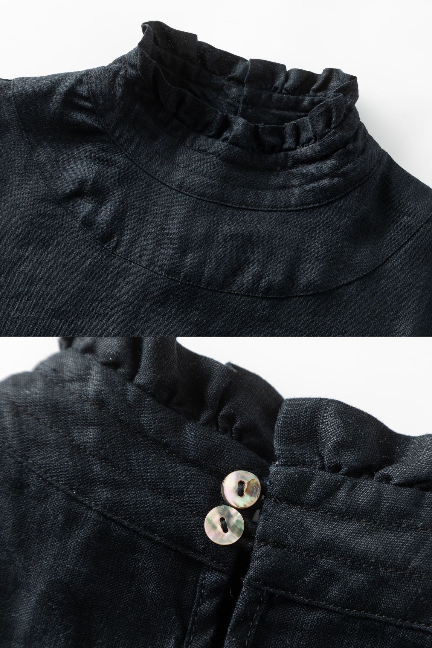 Black Linen Blouse - Loose Fit with Ruffle Neck c5461