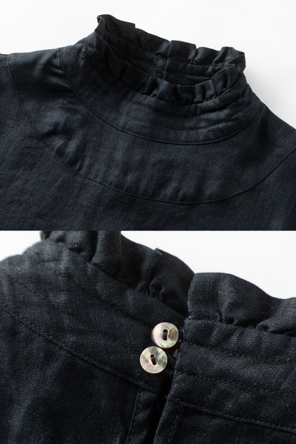 Black Linen Blouse - Loose Fit with Ruffle Neck c5461