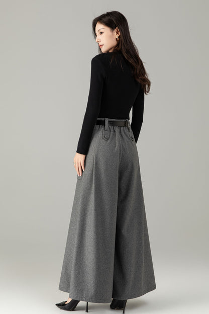 High-Waist Wide-Leg Wool Trousers — Palazzo Wool Pants C5245