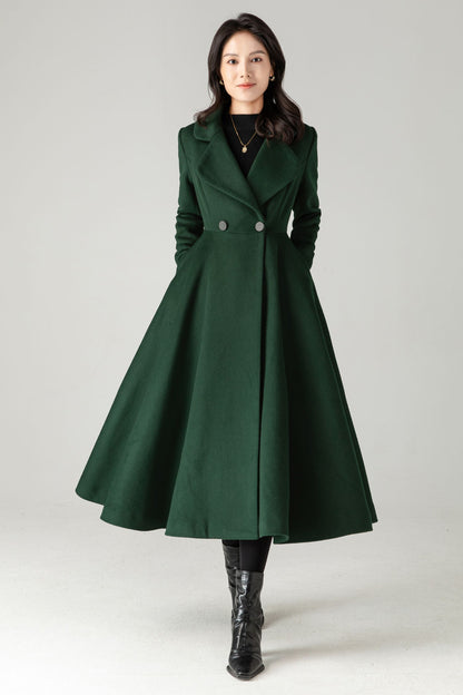 Emerald Green Wool Coat: Elegant Women's Swing Long Flared Trench Coat C5341