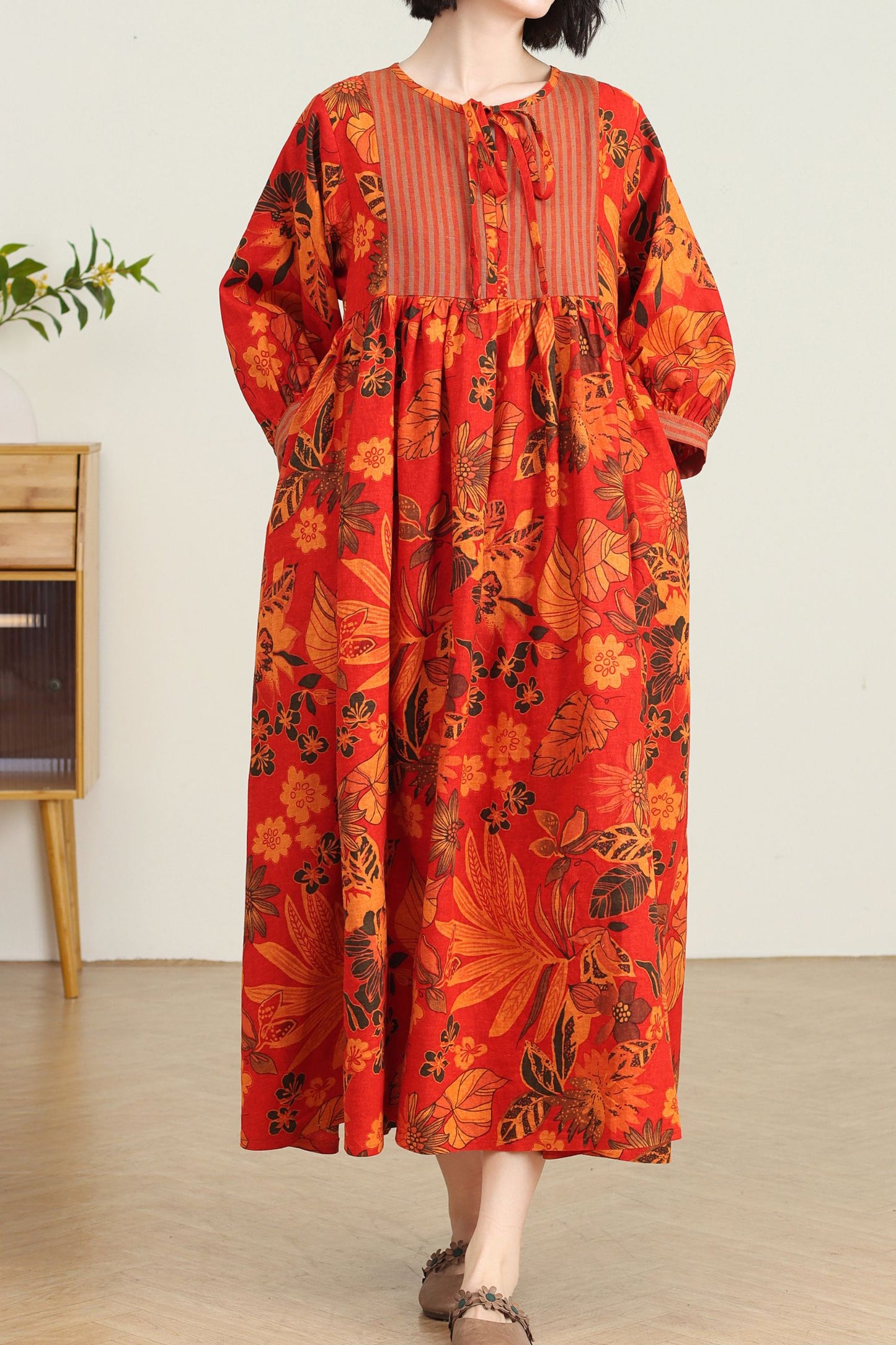 Plus size Long floral linen maxi dress C4734