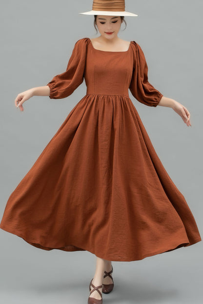 Puffy Sleeve womens long Linen Dress C4742