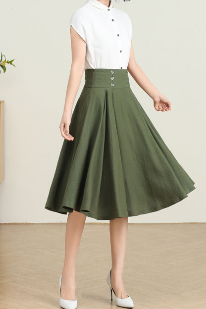 Green Pleated Swing Skirt with Pockets C4729