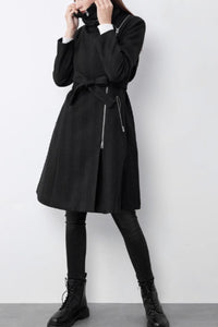 Black striple asymmetrical wool coat C4601