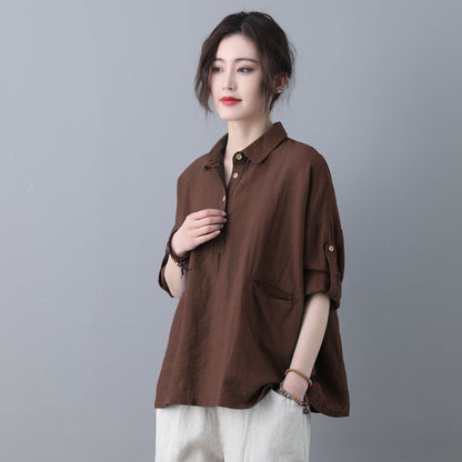 Brown Loose linen Tops C5346