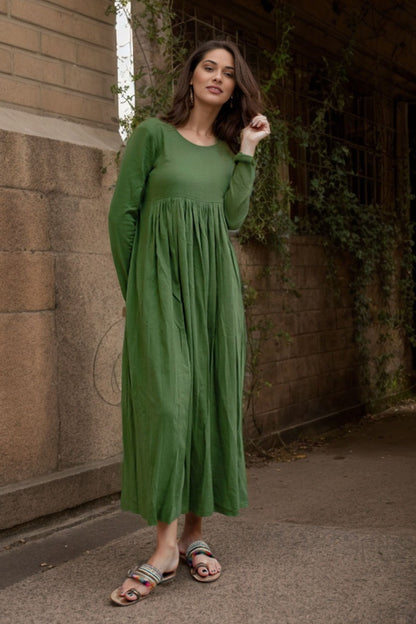 Long-Sleeve Green Linen Maxi Dress C4632