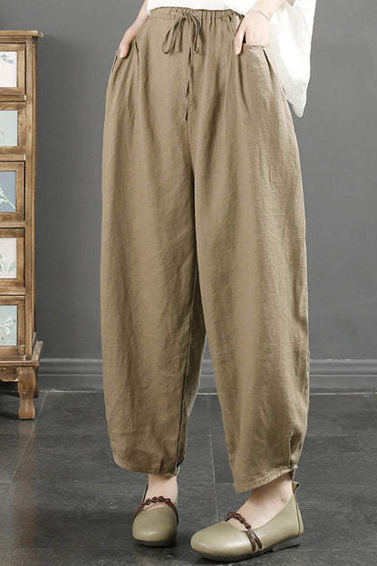 Beige Linen Harem Pants - Elastic Waist Tie Detail C3894
