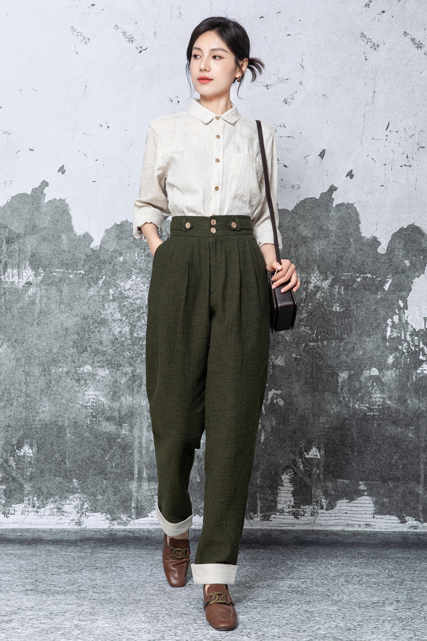 Olive Linen Blend Wide Leg Trousers - High Waist Relaxed Fit c5477