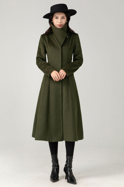 Army Green Wool Midi Coat: Women Tailored Winter Coat with Statement Collar C5335