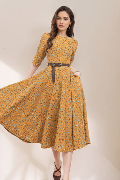 Floral swing linen dress women C5367