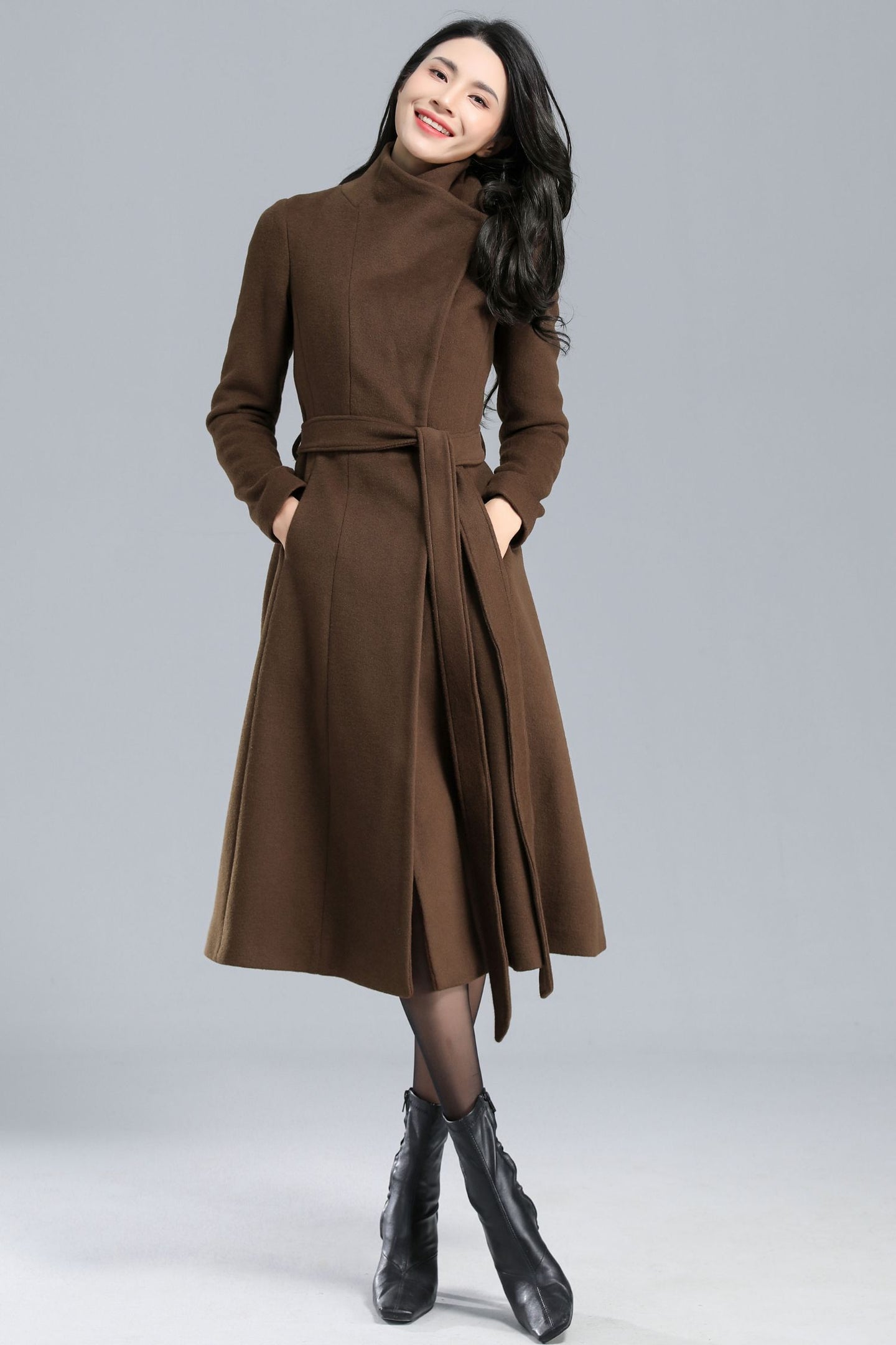 Asymmetrical Wool Coat Brown C2468