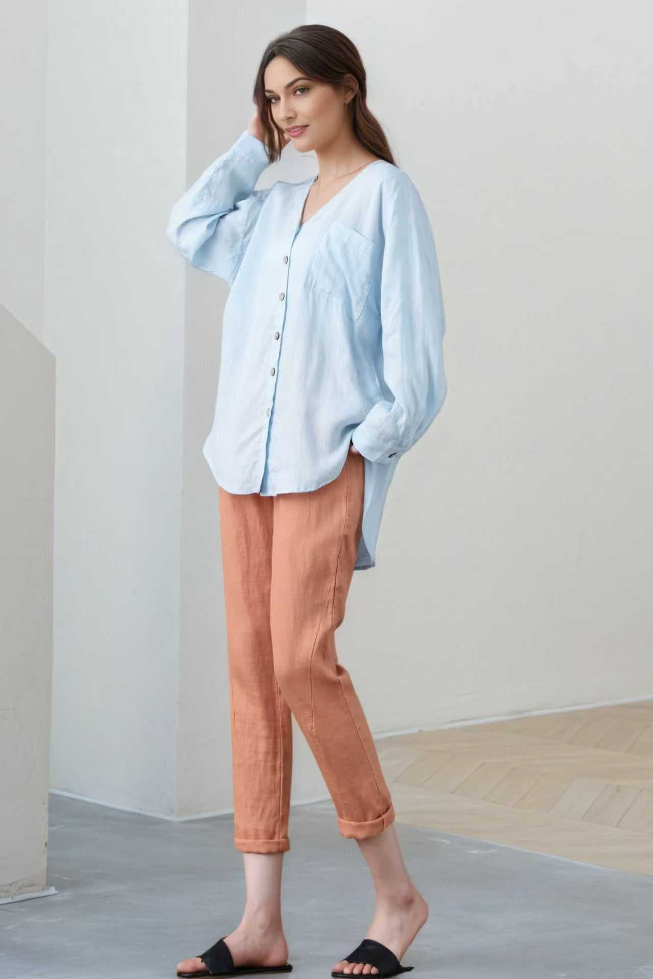 Light Blue Linen Blouse: Oversized V-Neck Long Sleeve Button-Up Top, Ylistyle C5324