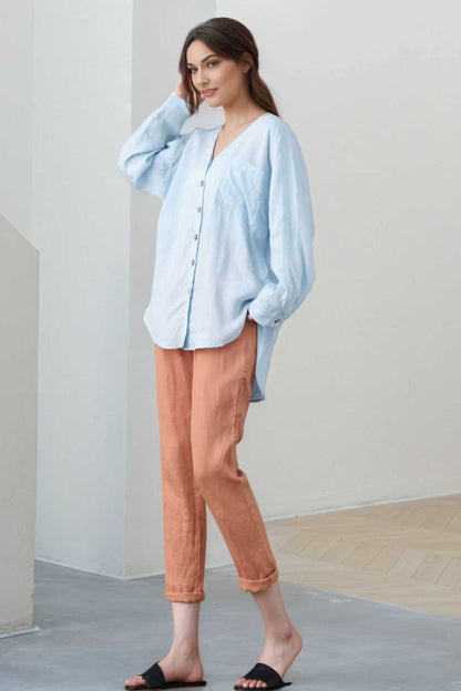 Light Blue Linen Blouse: Oversized V-Neck Long Sleeve Button-Up Top, Ylistyle C5324