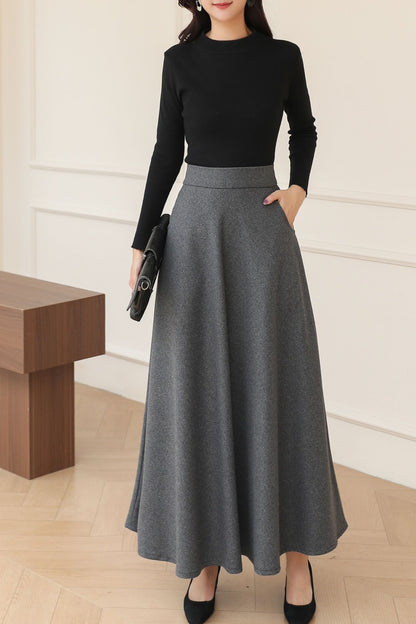 Dark Gray Long A-Line Wool Skirt C5191