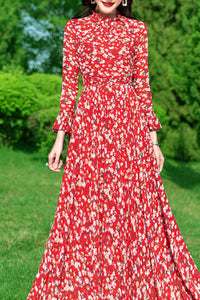 Long-sleeved floral women chiffon big swing dress C3985