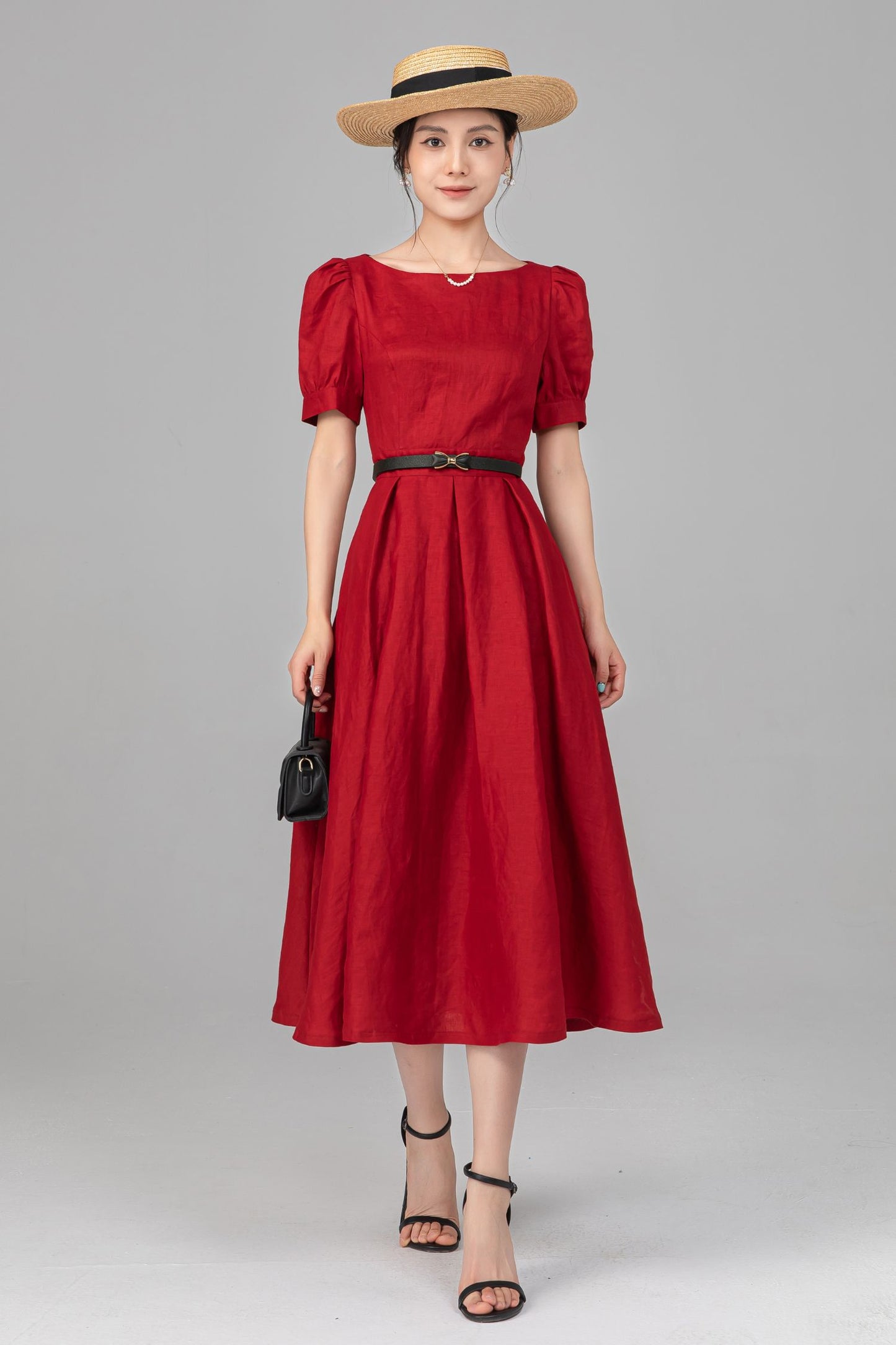 Red Linen Puff Sleeve Midi Dress - A-Line Bow Waist | Ylistyle C5517