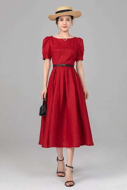 Red Linen Puff Sleeve Midi Dress - A-Line Bow Waist | Ylistyle C5517