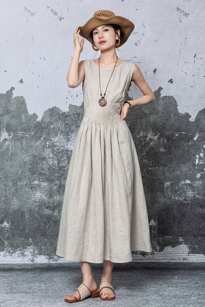 Natural Linen Maxi Dress - Sleeveless A-Line with Smocked Waist c5468