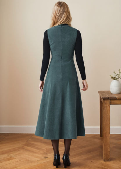 Green Sleeveless A-Line Corduroy dress C4361