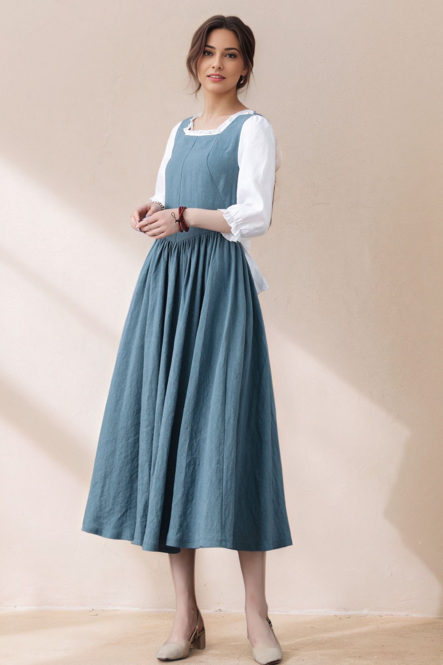 Handmade Pleated Swing Midi Linen Dress C5386